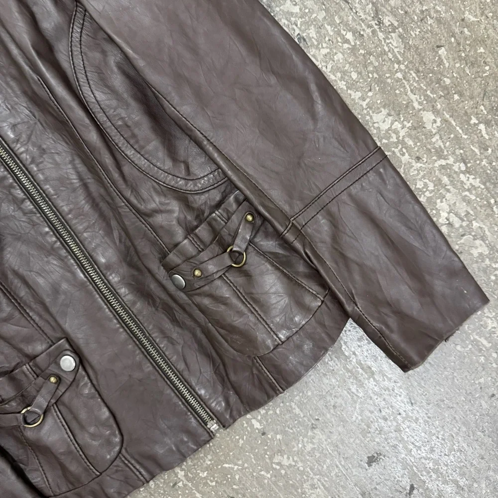Pinko Leather Jacket Womens L Brown Excellent Lambskin Zip Up Moto Biker Crinkle